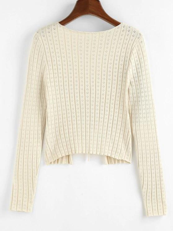 Tie Front Pointelle Knit Ribbed Cardigan - LuckyFash™