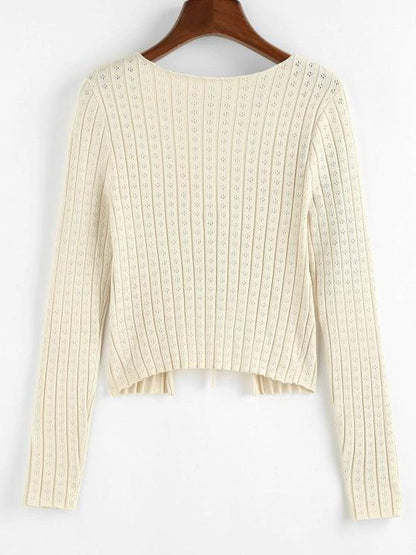 Tie Front Pointelle Knit Ribbed Cardigan - LuckyFash™