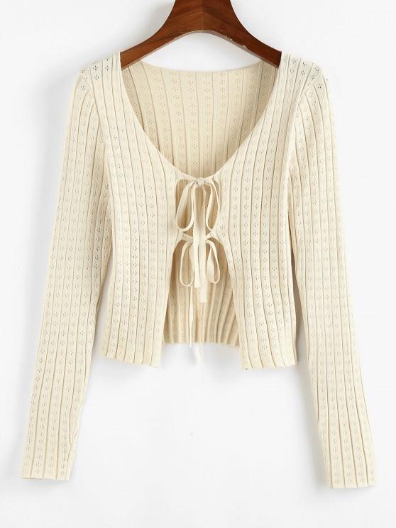 Tie Front Pointelle Knit Ribbed Cardigan - LuckyFash™