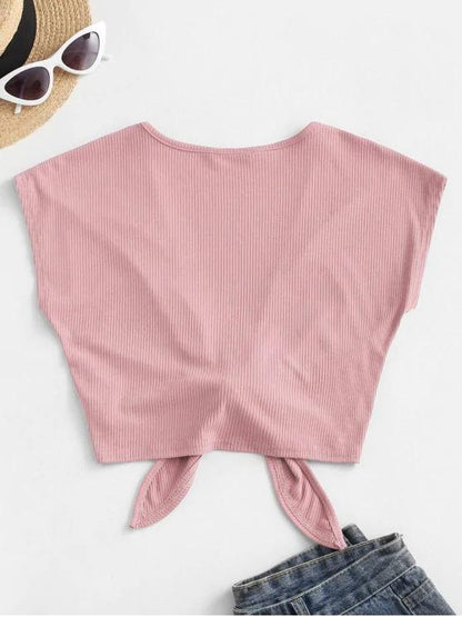 Tie Front Ribbed Cropped Top - LuckyFash™