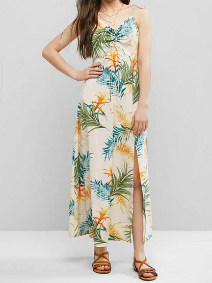 Tie Shoulder Cinched Floral Leaves Print Dress for Women