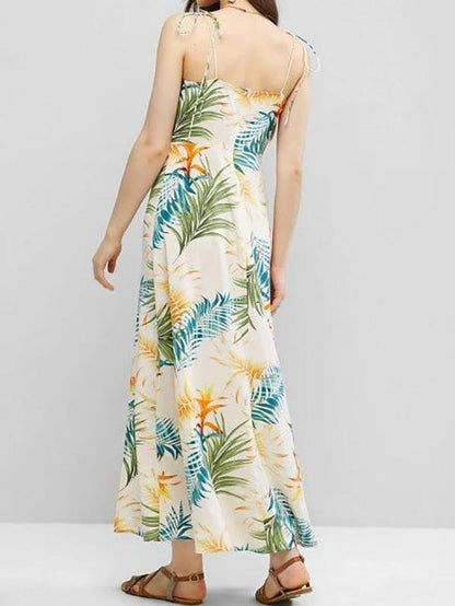 Tie Shoulder Cinched Floral Leaves Print Dress - LuckyFash™