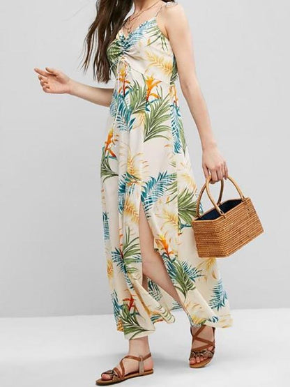 Tie Shoulder Cinched Floral Leaves Print Dress - LuckyFash™