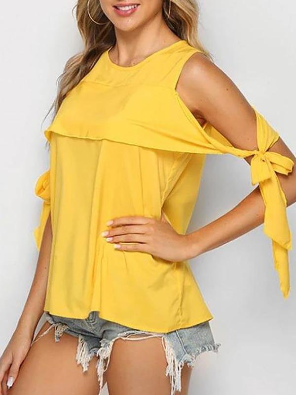 Tie Sleeve Solid Cold Shoulder Blouse - LuckyFash™