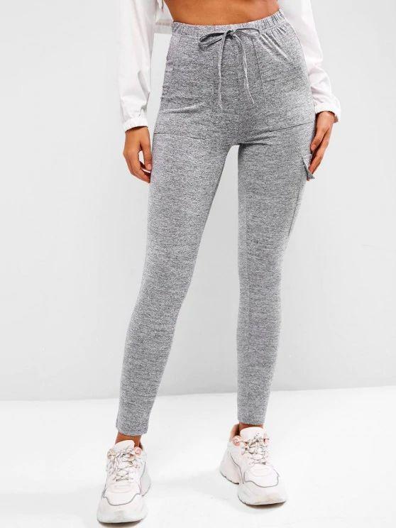 Tie Waist Flap Pocket Marled Sports Leggings - LuckyFash™