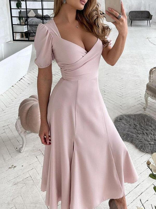 Tight V-neck High Waist Short Sleeve Dress for Women