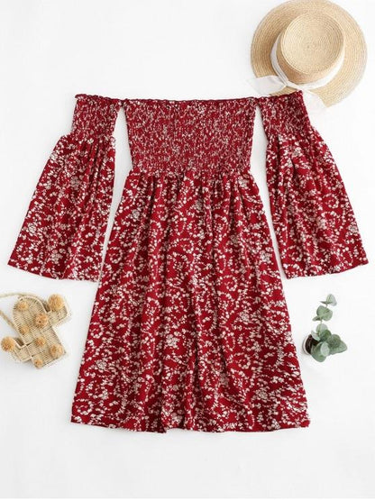 Tiny Floral Off Shoulder Smocked Dress for Women