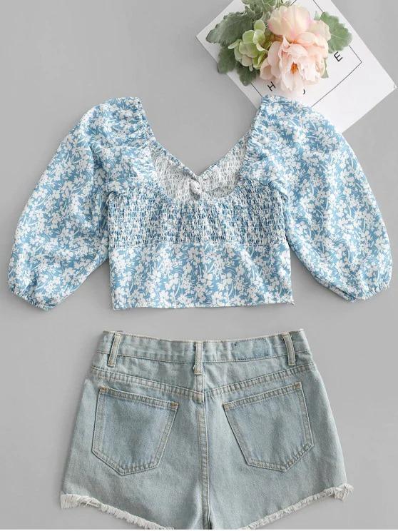 Tiny Floral Print Shirred Crop Top - LuckyFash™