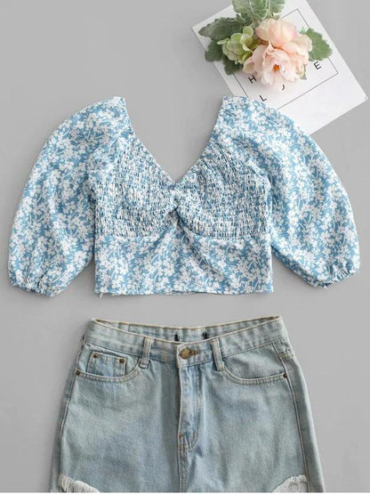 Tiny Floral Print Shirred Crop Top for Women