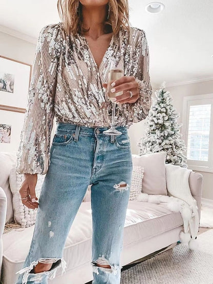 Women's Shirt Blouse Sparkly Lantern Sleeve Silver White Gold Sequins Long Sleeve Party Fashion V Neck Regular Fit Spring &  Fall