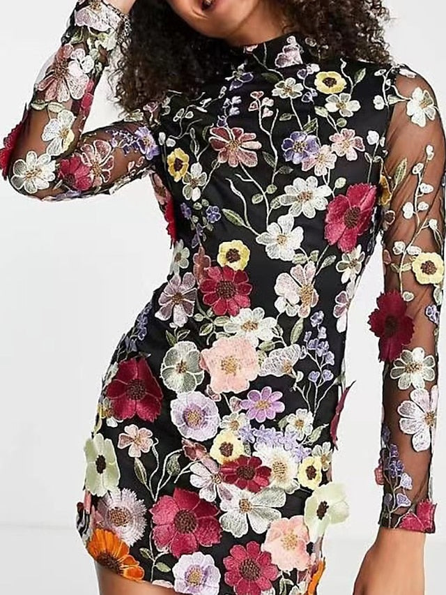 Women's Wedding Guest Dress Party Dress Bodycon Mini Dress Black Pink Long Sleeve Floral Embroidered Summer Spring Fall