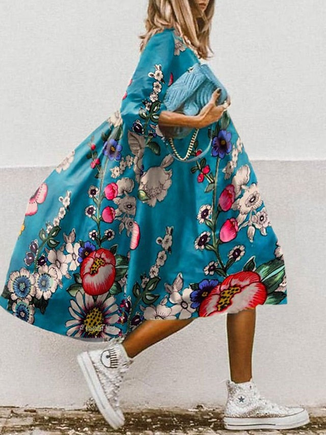 Boho Floral Ruched Swing Midi Dress with 3/4 Sleeves