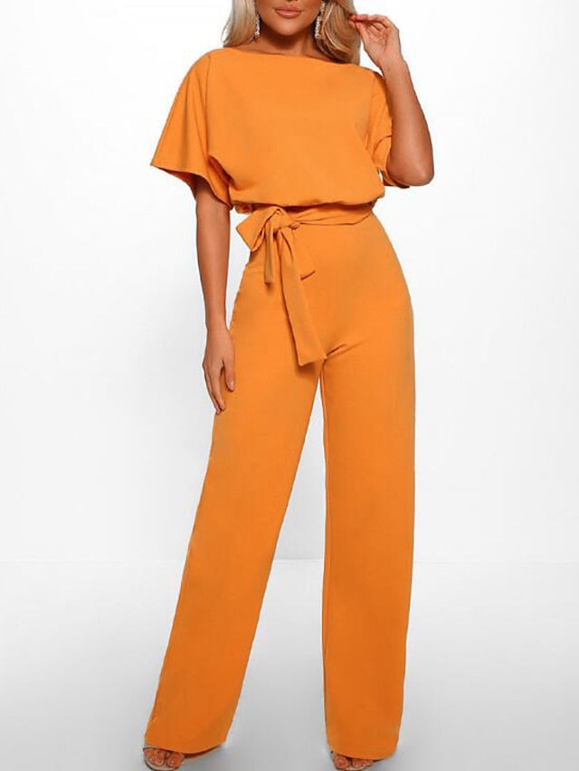 Women's Belted Jumpsuit Long Wide Leg Pant Party Romper Jumpsuits Casual Loose Short Sleeve Playsuits With Belts