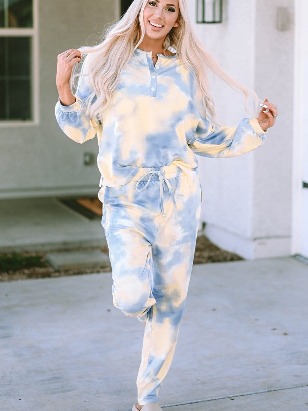 Trendy Multicolored Tie Dye Henley Top and Drawstring Pants Set