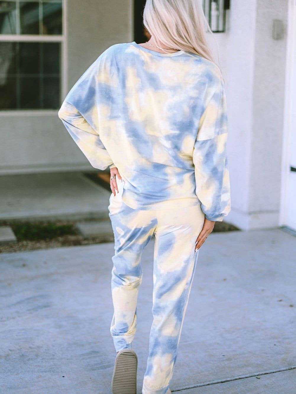 Trendy Multicolored Tie Dye Henley Top and Drawstring Pants Set