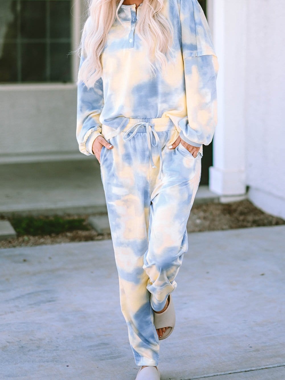 Trendy Multicolored Tie Dye Henley Top and Drawstring Pants Set