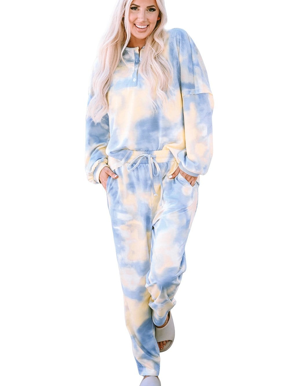 Trendy Multicolored Tie Dye Henley Top and Drawstring Pants Set