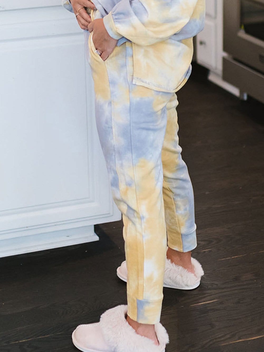 Trendy Multicolored Tie Dye Henley Top and Drawstring Pants Set