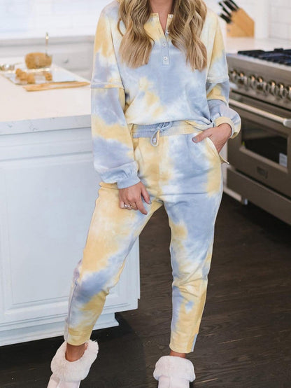 Trendy Multicolored Tie Dye Henley Top and Drawstring Pants Set