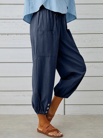 Women's Linen Pants Loose Cropped Trousers Drawstring Elastic Waist Navy Denim Blue Black Fashion Casual Daily Side Pockets Ankle-Length Comfort Solid Color S M L XL 2XL - LuckyFash™