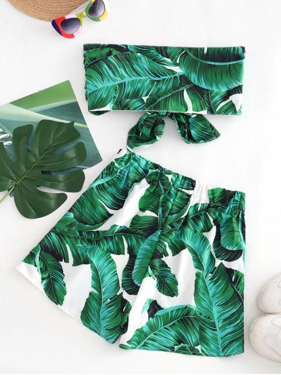 Tropical Leaf Print Knot Bandeau Two Piece Set - LuckyFash™