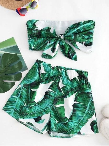 Tropical Leaf Print Knot Bandeau Two Piece Set - LuckyFash™