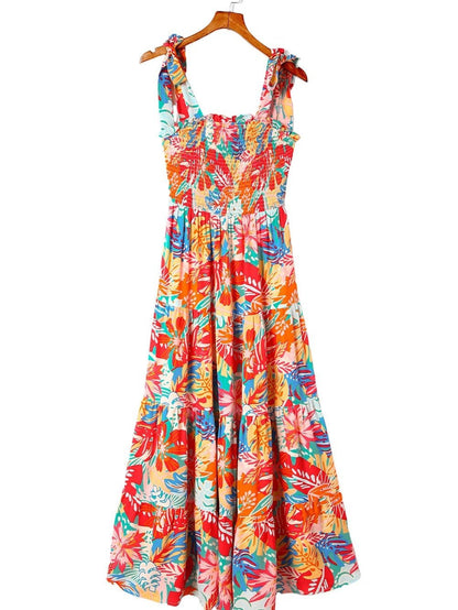 Tropical Paradise Smocked Ruffle Maxi Dress with Vibrant Multicolor Print