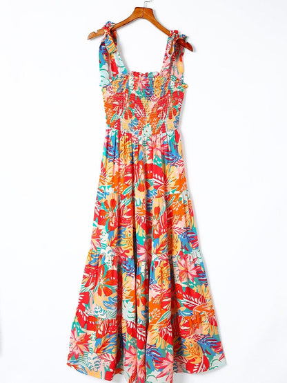 Tropical Paradise Smocked Ruffle Maxi Dress with Vibrant Multicolor Print