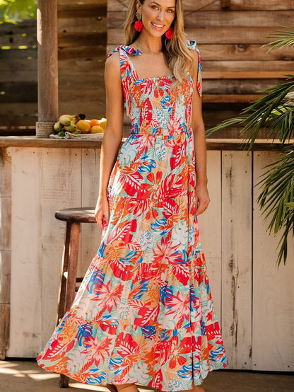 Tropical Paradise Smocked Ruffle Maxi Dress with Vibrant Multicolor Print