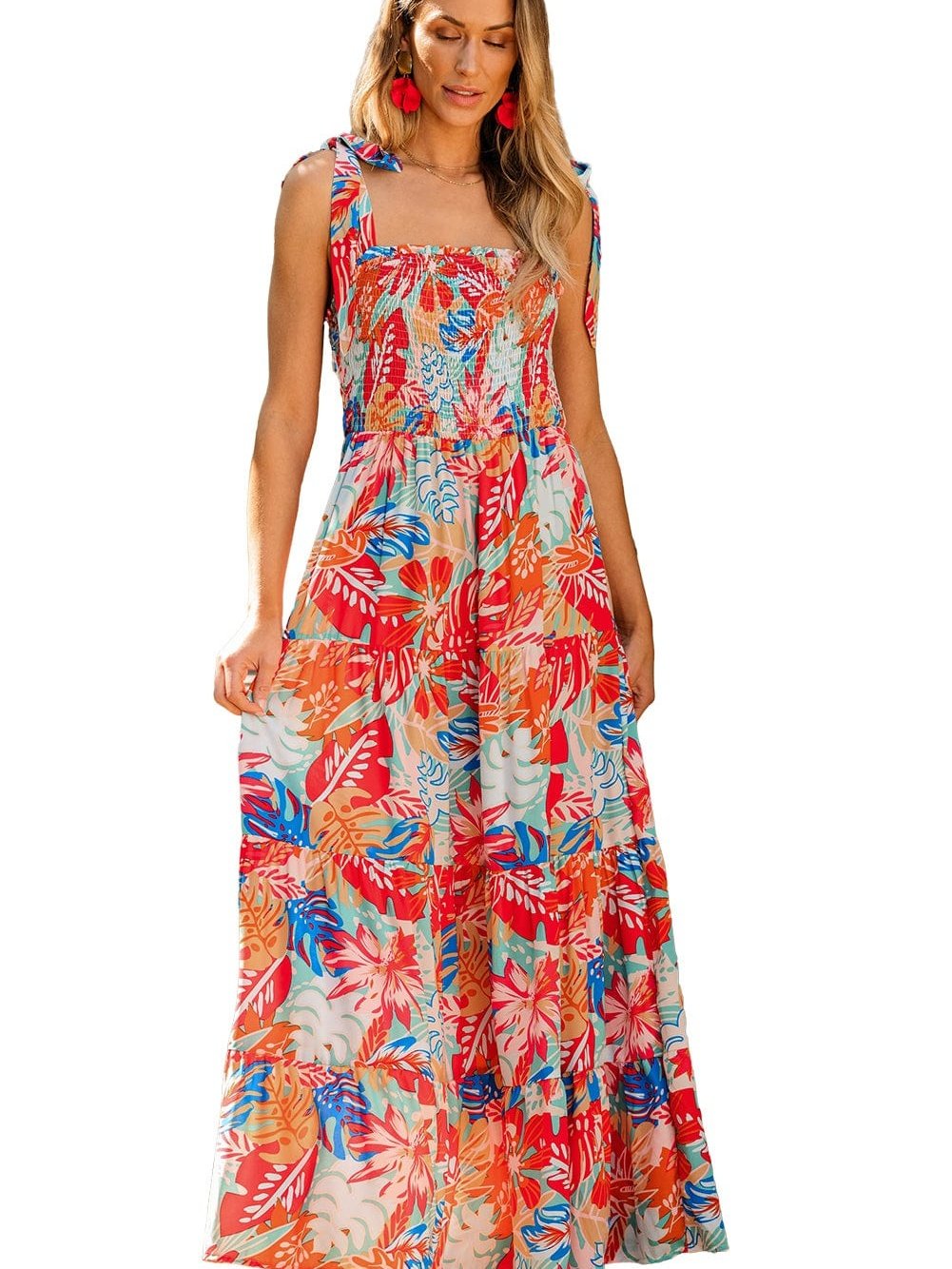 Tropical Paradise Smocked Ruffle Maxi Dress with Vibrant Multicolor Print