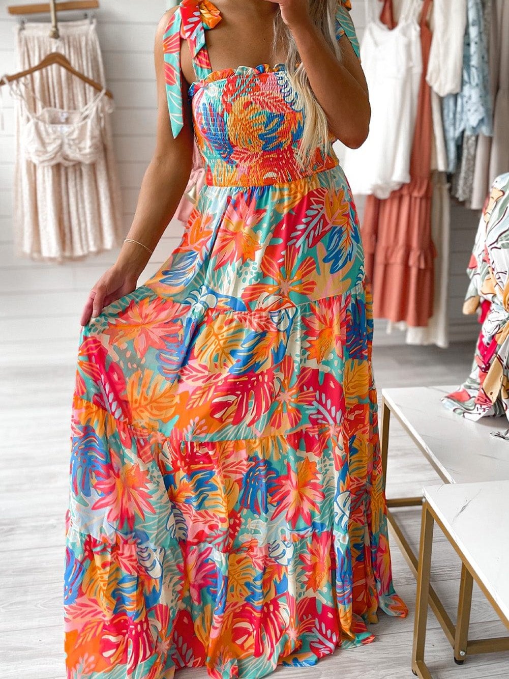 Tropical Paradise Smocked Ruffle Maxi Dress with Vibrant Multicolor Print