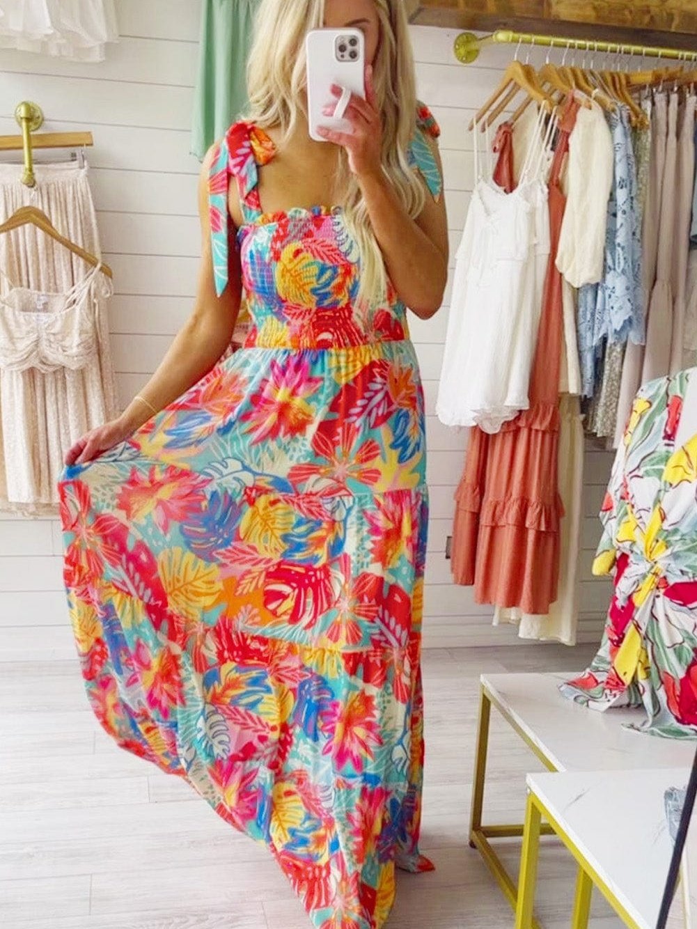 Tropical Paradise Smocked Ruffle Maxi Dress with Vibrant Multicolor Print