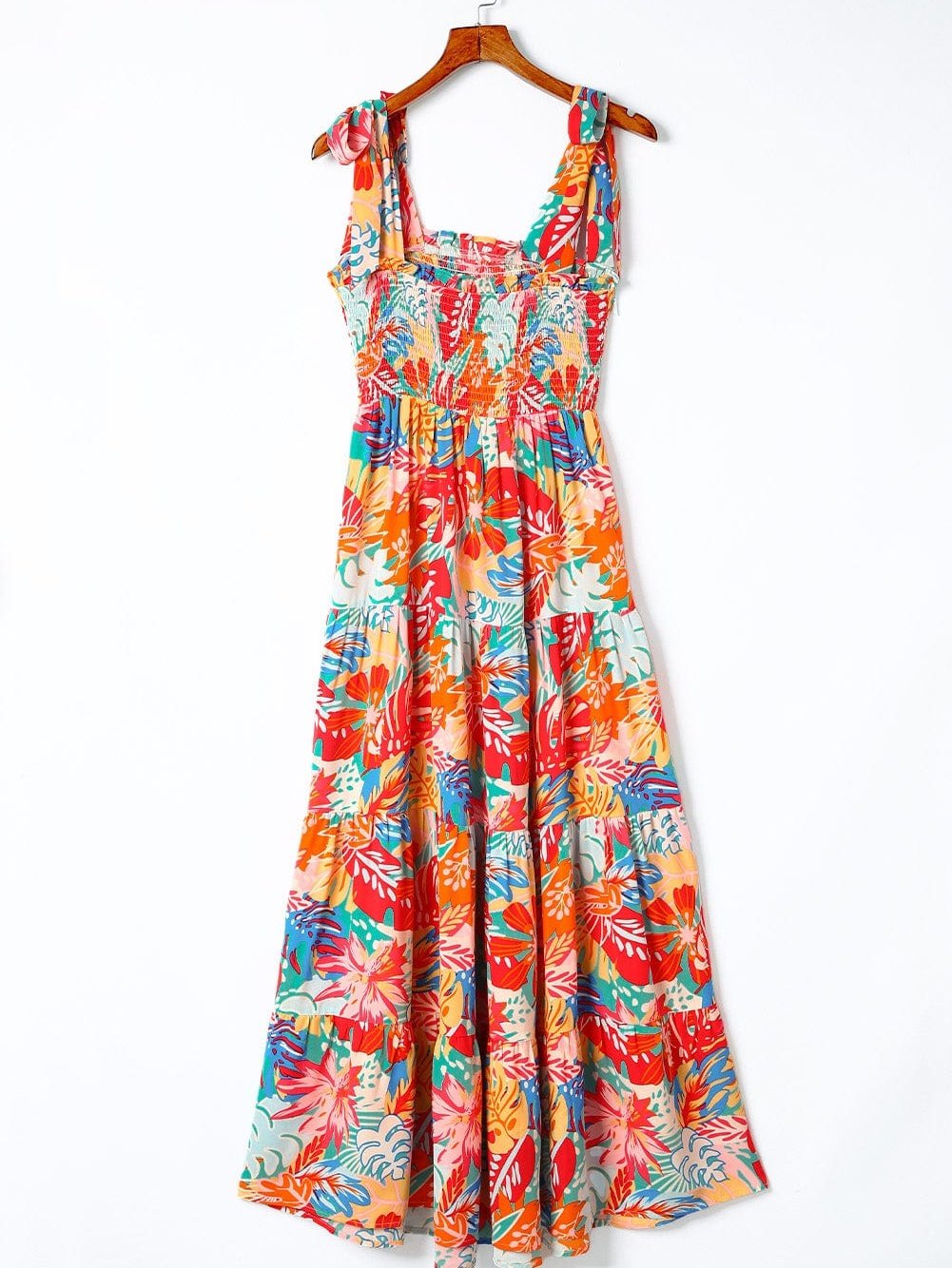 Tropical Paradise Smocked Ruffle Maxi Dress with Vibrant Multicolor Print