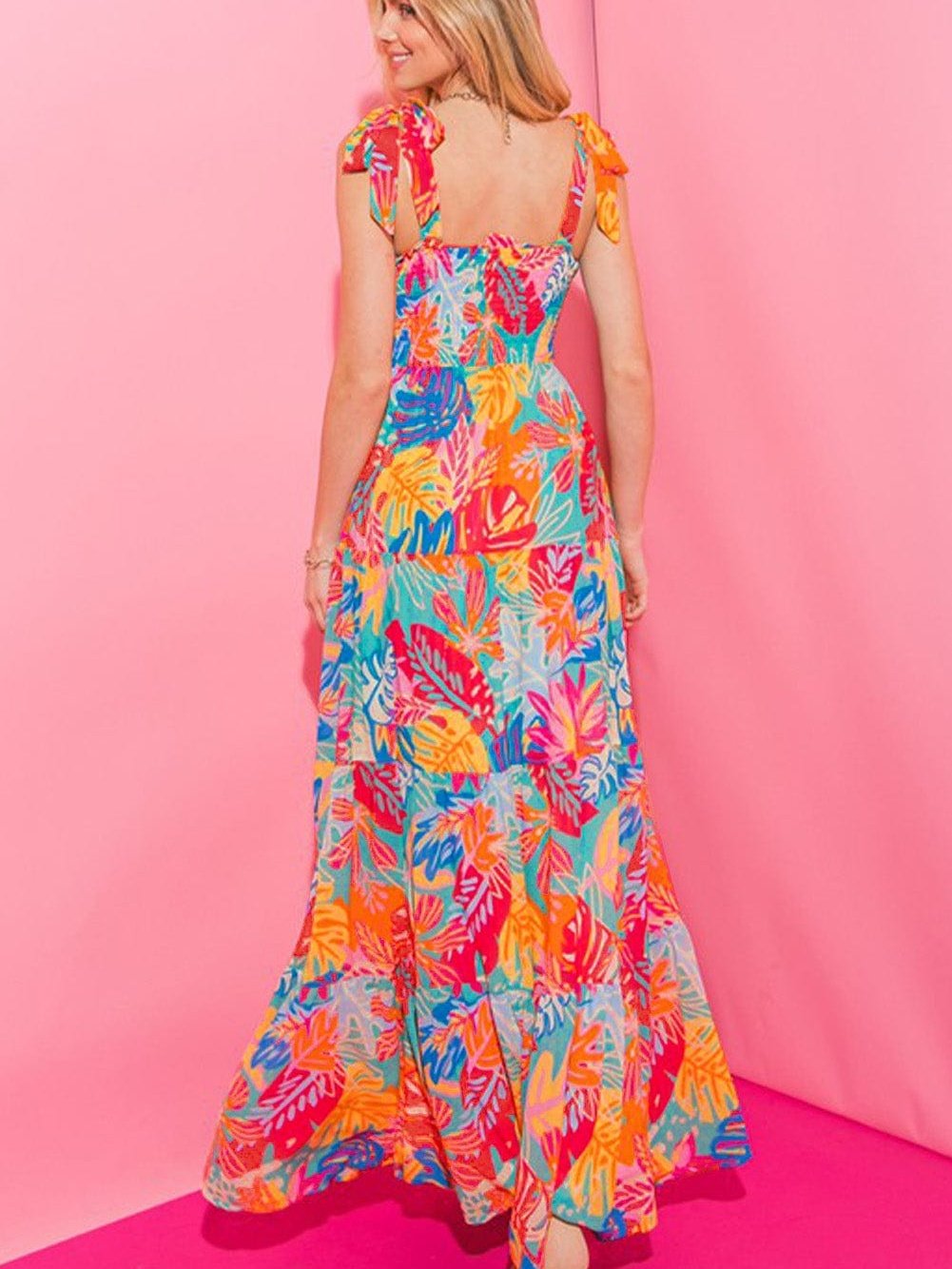 Tropical Paradise Smocked Ruffle Maxi Dress with Vibrant Multicolor Print