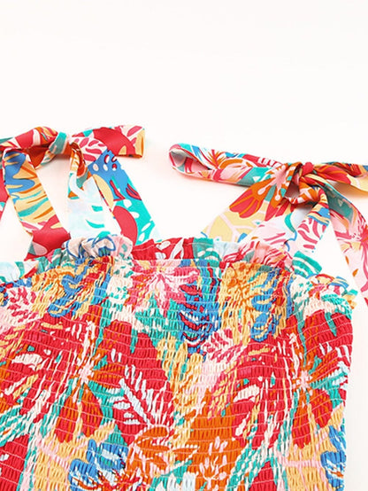 Tropical Paradise Smocked Ruffle Maxi Dress with Vibrant Multicolor Print