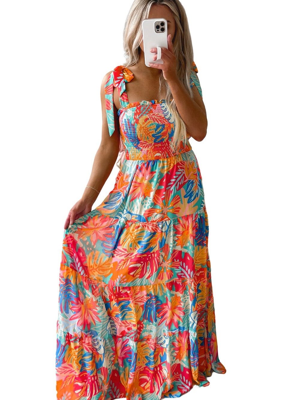 Tropical Paradise Smocked Ruffle Maxi Dress with Vibrant Multicolor Print