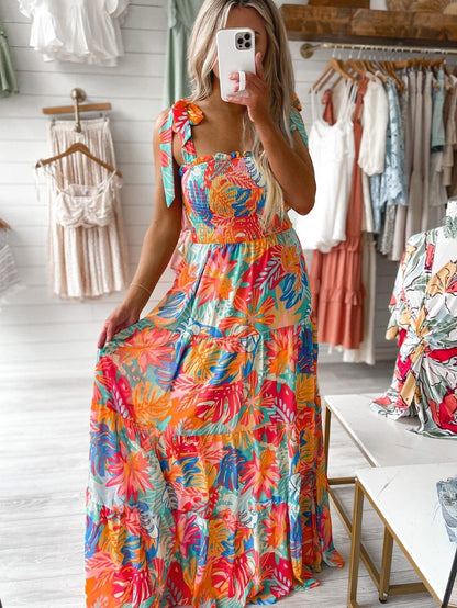 Tropical Paradise Smocked Ruffle Maxi Dress with Vibrant Multicolor Print