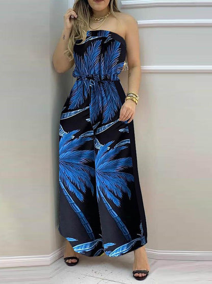 Tropical Print Bandeau Wide Leg Jumpsuit for Women