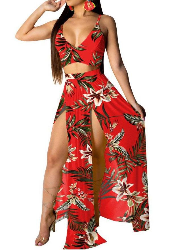 Tropical Print Cami Top & Thigh Slit Skirt Sets for Women