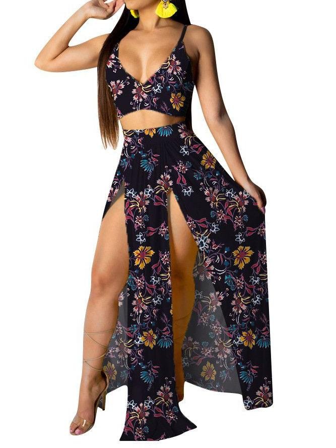 Tropical Print Cami Top & Thigh Slit Skirt Sets for Women