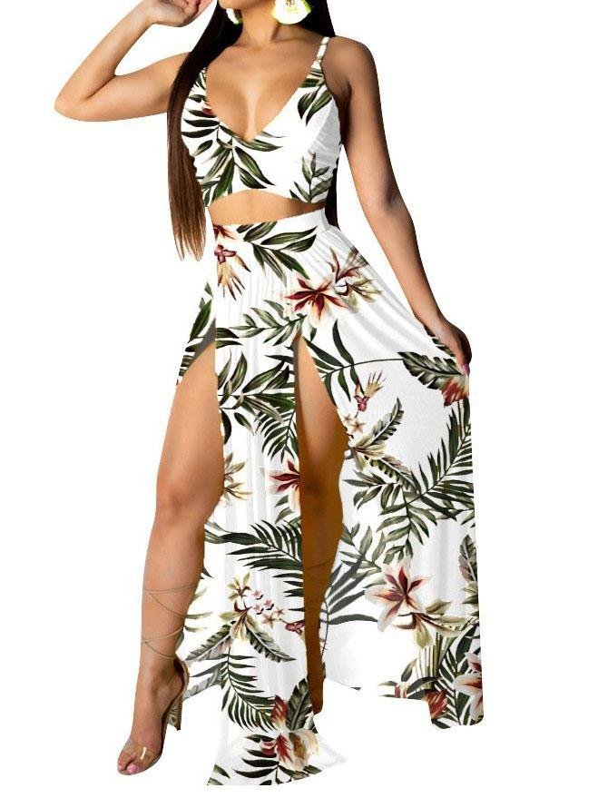 Tropical Print Cami Top & Thigh Slit Skirt Sets for Women