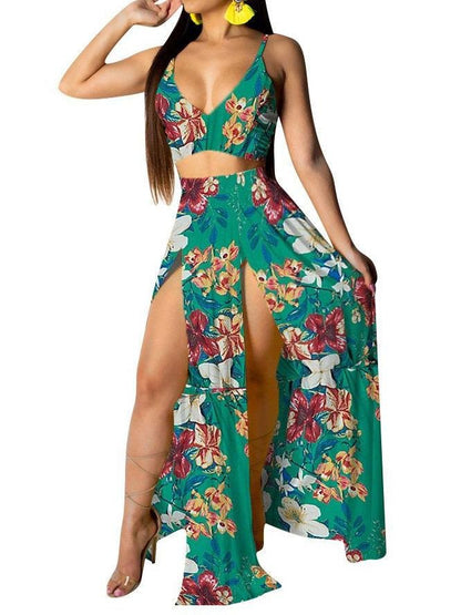 Tropical Print Cami Top & Thigh Slit Skirt Sets for Women