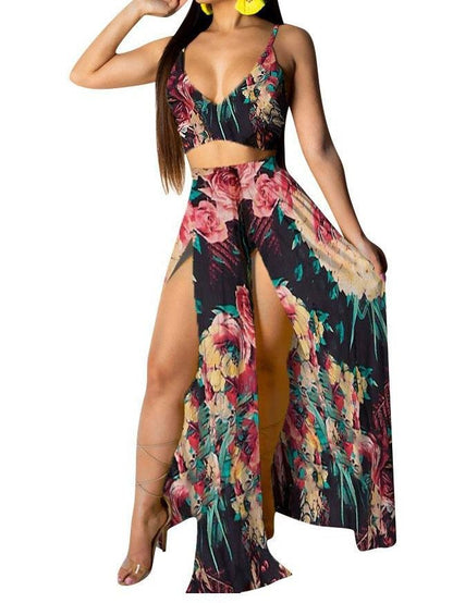 Tropical Print Cami Top & Thigh Slit Skirt Sets for Women