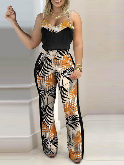 Tropical Print Colorblock Top & Pants Set for Women