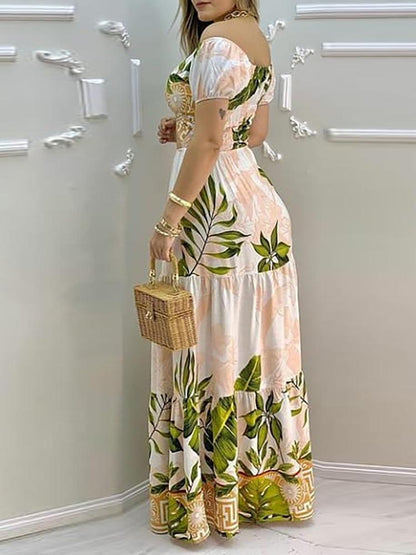 Tropical Print Hollow-out Design Off Shoulder V Neck Maxi Dress - LuckyFash™