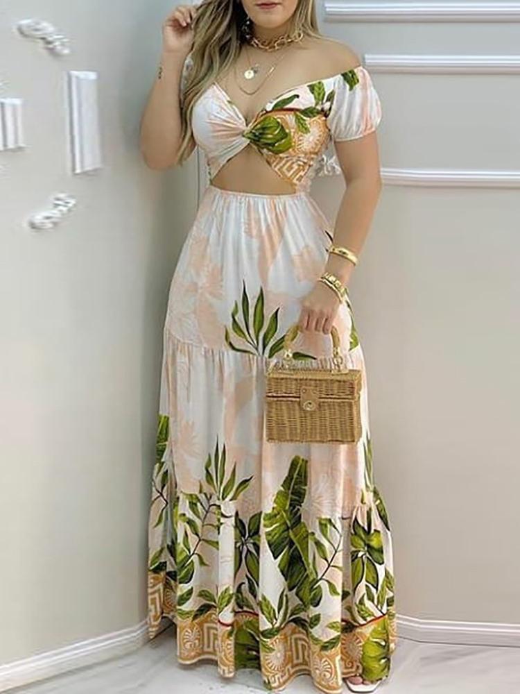 Tropical Print Hollow-out Design Off Shoulder V Neck Maxi Dress - LuckyFash™