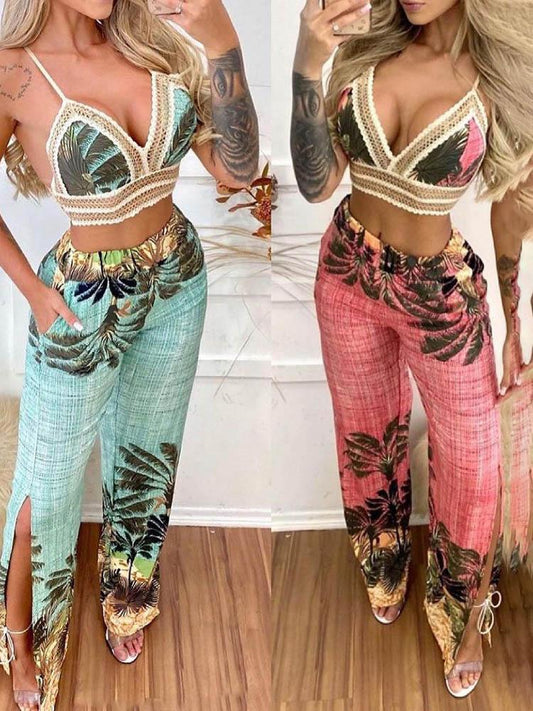 Tropical Print Lace Trim Crop Top & Slit Pants Set - LuckyFash™