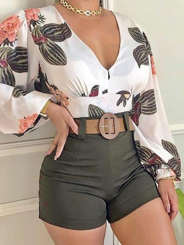 Tropical Print Long Sleeve Top & Shorts Set for Women