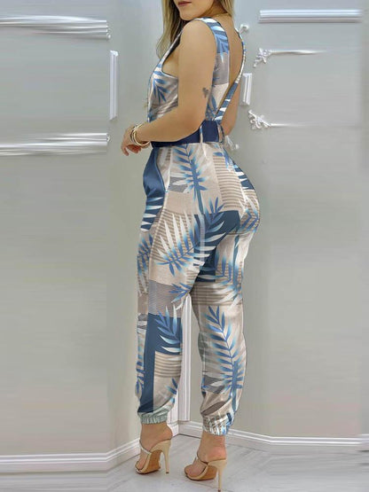 Tropical Print Sleeveless Pocket Design Backless Jumpsuit - LuckyFash™