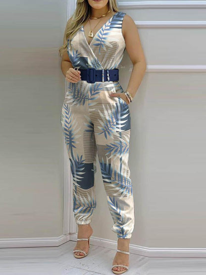 Tropical Print Sleeveless Pocket Design Backless Jumpsuit - LuckyFash™